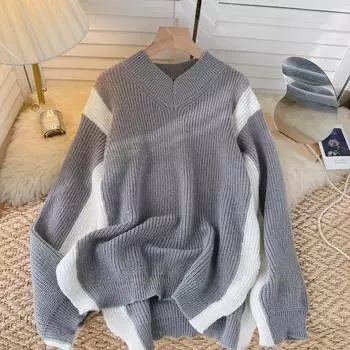 Осень и зима, новый свободный узкий облегающий пуловер с длинными рукавами и длинными абзацами, с v-образным вырезом и длинными абзацами, вязаный свитер на осень и зиму