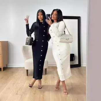 Осень и зима новый темперамент элегантная мода длинное платье облегающее бедра тонкое трикотажное платье S чёрный