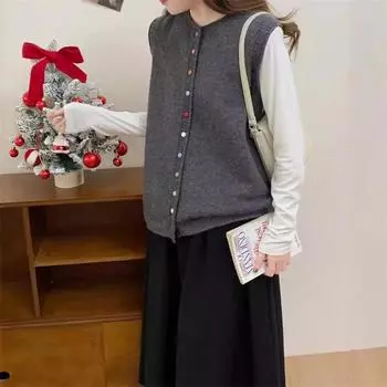 Осень и зима новый темперамент элегантный круглый вырез многослойный жилет ретро ленивый ветер цвет пряжка вязаный кардиган жилет женский One size серый