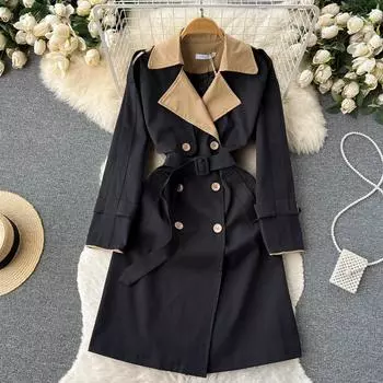 Осень и зима, новый темпераментный тонкий модный двубортный плащ средней длины с цветными блоками S чёрный