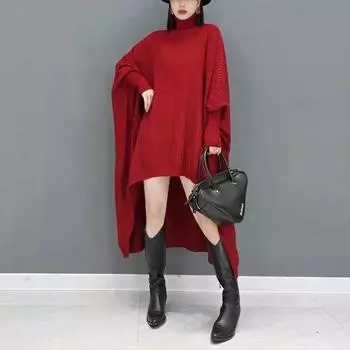 Осень и зима новый толстая сестра водолазка плюс размер свитер накидка бэтмен свободное и тонкое трикотажное платье one size fits all красный