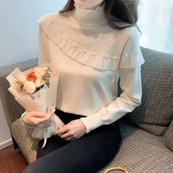 Осень и зима новый тяжелый свитер ручной работы с бисером и оборками по краю женский иностранный стиль мода для снижения возраста универсальный трикотажный низ рубашки топ one size fits all абрикосовый