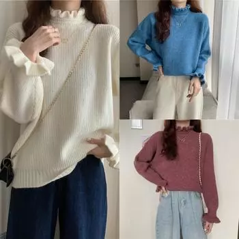 Осень и зима новый трикотажный однотонный внутренний свитер с грибковым краем с длинным рукавом и полуводолазкой, женский свитер One Size молочный белый