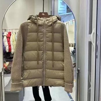 Осень и зима новый трикотажный рукава с капюшоном короткий легкий повседневный универсальный свободный теплый женский пуховик прилив S чёрный