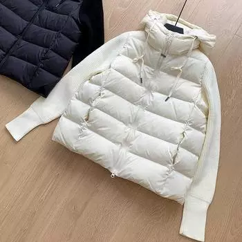 Осень и зима новый трикотажный сращивание легкий и тонкий пуховик женский короткий маленький высокого класса европейская мода маленький трендовый M белый