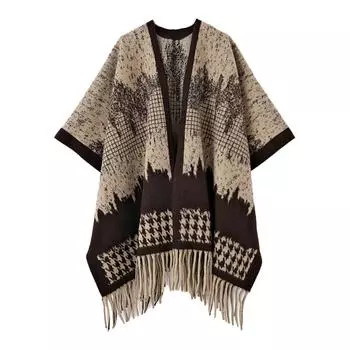 Осень и зима Новый универсальный рисунок чернилами Двусторонняя шаль с бахромой Куртка Tie-dye Интернет Знаменитости Путешествия Накидка Накидка для женщин average size бежевый
