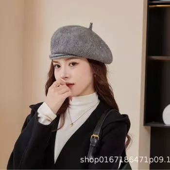 Осень и зима новый универсальный вязаный женский берет для маленького лица теплый модный утолщенный ретро шерстяной головной убор one size fits all чёрный