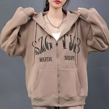 Осень и зима, новый утолщенный плюс бархат свободный модный свитшот для женщин, вышитый утолщенный свитшот с капюшоном на молнии для женщин L чёрный