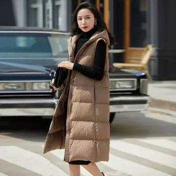 Осень и зима Новый утолщенный пуховик с капюшоном Жилет женский удлиненный пуховик Куртка выше колена Жилет M бордовый