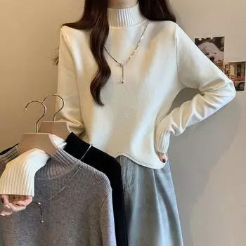 Осень и зима, новый утолщенный трикотаж с ленивым ветром и краем листа лотоса, топ, женский универсальный свитер с высоким воротником и низом One Size белый