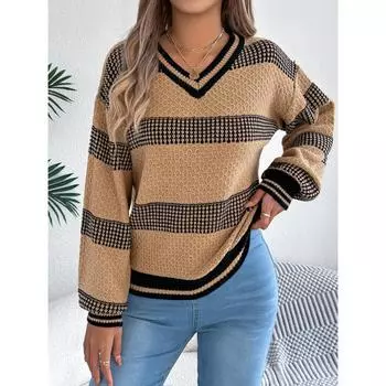 Осень и зима новый V-образный вырез полосатый контрастный повседневный длинный рукав пуловер свитер для женщин S хаки