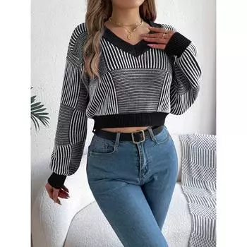 Осень и зима новый V-образный вырез полосатый контрастный повседневный длинный рукав пуловер свитер для женщин S хаки