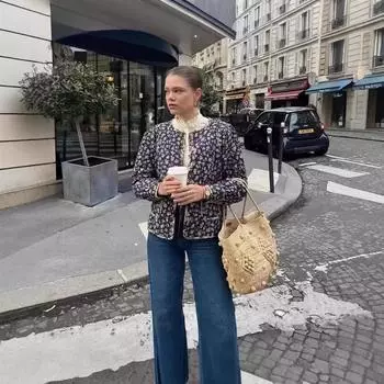 Осень и зима новый ветер цветочный классический пресбиопия куртка ниша сладкий французский хлопковая одежда ретро маршрут женская хлопковая одежда M синий