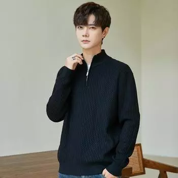Осень и зима Новый внутренний свитер однотонный высококачественный полуводолазный свитер свободный трендовый мужской вязаный свитер M чёрный