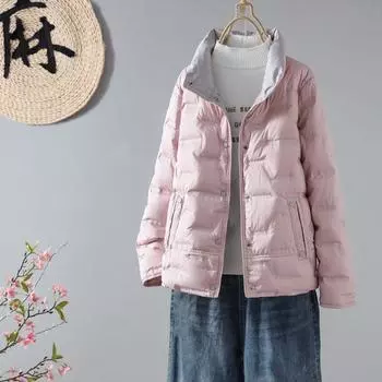 Осень и зима новый воротник-стойка повседневный белый утиный пух легкий и тонкий прессованный клеевой пуховик женский короткий свободный универсальный пиджак прилив S розовый