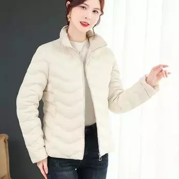 Осень и зима новый воротник-стойка прессованный клеевой средний и тонкий пуховик женский короткий белый утиный пух теплая волнистая линия куртка прилив S чёрный