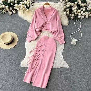 Осень и зима, новый вязаный кардиган на пуговицах в стиле ретро, куртка-свитер + юбка с разрезом на бедрах, комплект из двух предметов