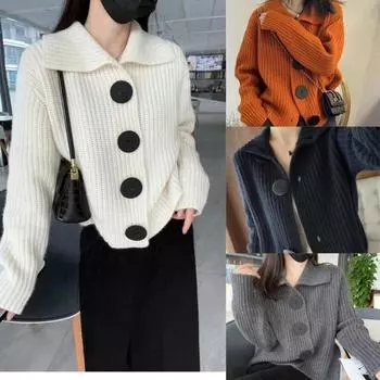 Осень и зима новый вязаный кардиган с большими пуговицами на лацканах ленивый стиль иностранный стиль топ куртка свободный повседневный свитер с длинным рукавом женский One Size