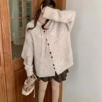 Осень и зима новый вязаный кардиган свитер куртка женская с капюшоном свободный повседневный универсальный однотонный свободный пальто прилив one size fits all розовый