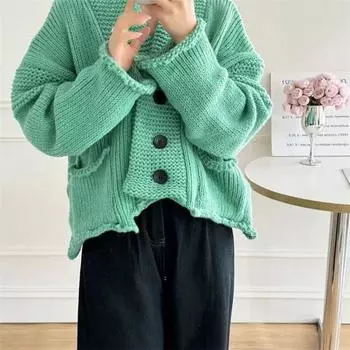 Осень и зима новый вязаный кардиган V-образный вырез с длинными рукавами темпераментный пригородный однотонный свитер женский короткий топ с грудью one size fits all белый