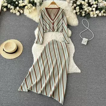 Осень и зима, новый вязаный кардиган в косую полоску с длинными рукавами, короткий кардиган с v-образным вырезом, юбка до половины тела, комплект из двух предметов