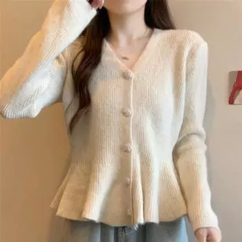 Осень и зима, новый вязаный кардиган Xiaoxiangfeng с французскими оборками и бахромой, женский свитер с рукавами-пузырями, короткое пальто one size fits all красный