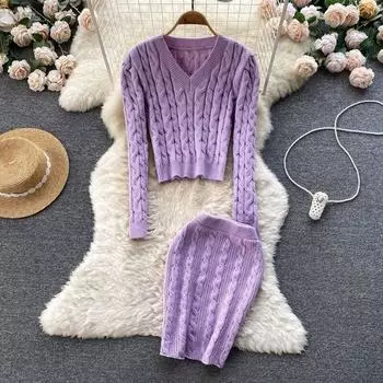 Осень и зима, новый вязаный короткий вязаный свитер с v-образным вырезом и длинными рукавами, плюс короткая юбка на бедрах, комплект из двух предметов