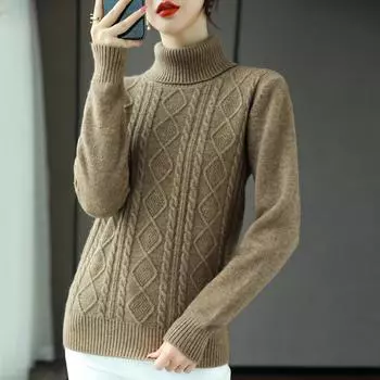 Осень и зима новый вязаный свитер двухслойный воротник с длинными рукавами темпераментный однотонный свитер для поездок на работу женское пальто One size света кофе