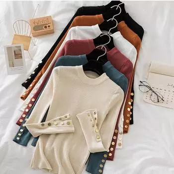 Осень и зима новый вязаный свитер с круглым вырезом и пуговицами для женщин повседневная мода однотонный облегающий свитер женский длинный рукав базовый трикотаж 25092 One Size чёрный