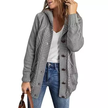 Осень и зима, новый вязаный текстурный кардиган, ребристый свитер, женское свободное утолщенное пальто с капюшоном в европейском и американском стиле M