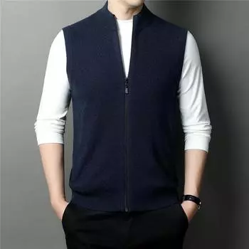 Осень и зима новый вязаный жилет мужской жилет верхняя одежда на молнии без рукавов 100% шерстяной свитер мужской кардиган Tide M