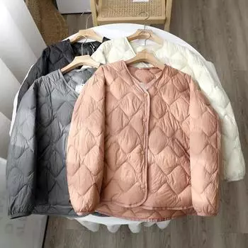 Осень и зима, новый высококачественный легкий ромбовидный сетчатый легкий и тонкий пуховик, свободная короткая куртка большого размера, подкладка с V-образным вырезом M розовый