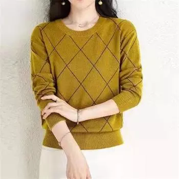 Осень и зима новый женский клетчатый свитер с круглым вырезом и длинными рукавами повседневный однотонный свободный вязаный свитер женский низ и модная внутренняя часть one size fits all жёлтый
