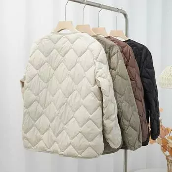 Осень и зима новый женский легкий пуховик с V-образным вырезом ромбовидная сетка свободный белый утиный пух теплая тонкая куртка прилив M темно-коричневого
