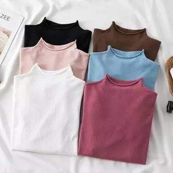 Осень и зима Новый женский полуводолазный свитер женская рубашка с длинным рукавом повседневная простая базовая мода топы однотонная одежда 2169 One size чёрный