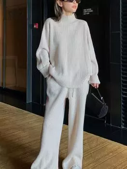Осень и зима, новый женский простой трикотаж, костюм из двух предметов, женский модный свитер с длинными рукавами, комплект женской одежды one size чёрный