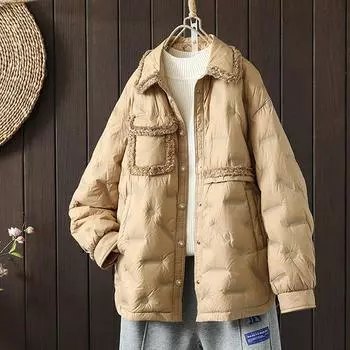 Осень и зима новый женский пуховик с отворотом белый утиный пух свободный и тонкий верх маленькая ароматная теплая куртка S чёрный