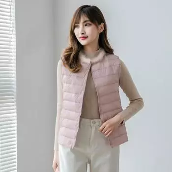 Осень и зима новый женский пуховик жилет легкий и короткий круглый вырез корейской версии большой размер тонкий воротник из меха норки M белый