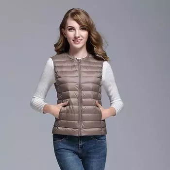 Осень и зима новый женский пуховый жилет короткий облегающий внутренний костюм теплый и легкий пуховый жилет с круглым вырезом S хаки
