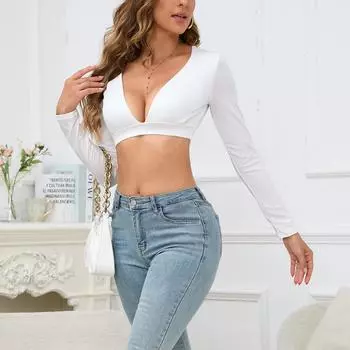 Осень и зима Новый женский топ с длинными рукавами, облегающий, с V-образным вырезом, сексуальный топ XS