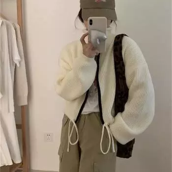 осень и зима новый женский трикотажный жакет водолазка двухсторонняя молния кулиска короткий свитер вязаный кардиган женская одежда one size fits all