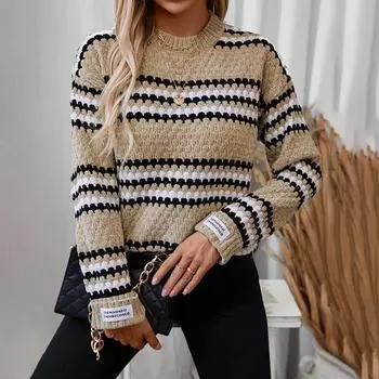 Осень и зима новый женский вязаный свитер европейский и американский свитер с круглым вырезом из синели в полоску, подходящий по цвету свитер для женщин S розовый