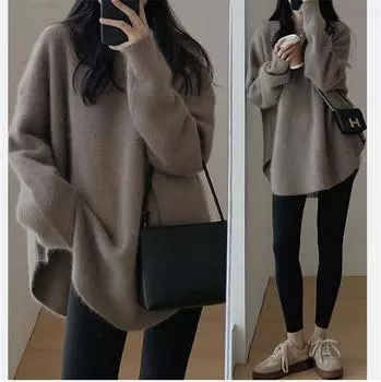 Осень и зима новый женский вязаный свитер круглый вырез длинный рукав пуловер закругленный низ свободный повседневный свитер женская верхняя куртка One Size красный