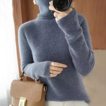 Осень и зима Новый женский вязаный свитер с длинным рукавом Простой элегантный теплый облегающий свитер свитера женские водолазки повседневные однотонные джемперы 25400 S серо голубой