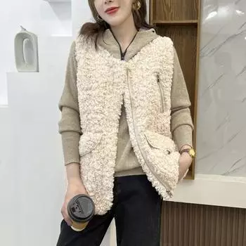 Осень и зима новый жилет без рукавов из овечьей шерсти женский корейский вариант модного жилета жилет универсальный темперамент пальто M абрикосовый