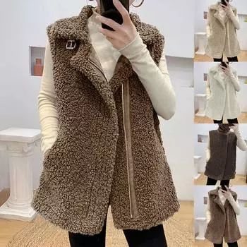 Осень и зима новый жилет из овечьей шерсти для женщин свободный студенческий утолщенный плюшевый жилет куртка L кофейный