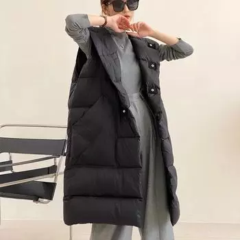 Осень и зима новый жилет пуховик женский средний и длинный с капюшоном корейская версия легкий и модный 90 белый утиный пуховик прилив S чёрный