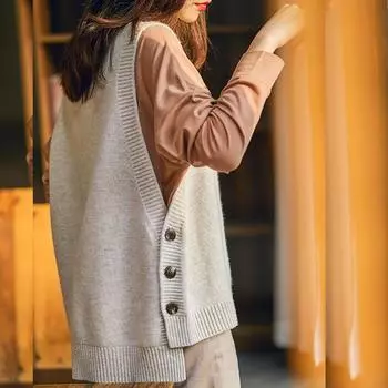 Осень и зима новый жилет вязаный свитер женский круглый вырез пуловер корейский вариант свободный жилет короткий жилет без рукавов пальто на пуговицах One size бежевый