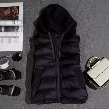 Осень и зима новый зимний игольчатый челнок соответствует ткани легкий и модный белый гусиный пух жилет с капюшоном жилет S чёрный
