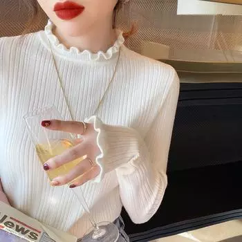 Осень и зима облегающие базовые пуловеры свитера женские модные повседневные элегантные длинные рукава вязаные свитера женские грибовидные однотонные женские джемперы 25574 One Size белый